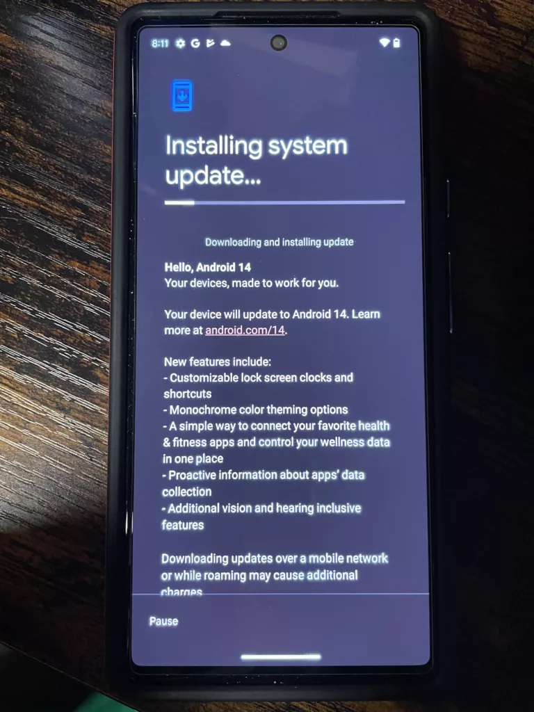 The Android 14 update screen.