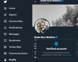 My Twitter account page, with the verified badge selected that states "This account is verified because it's subscribed to Twitter Blue." It is very much not subscribed to Twitter Blue.